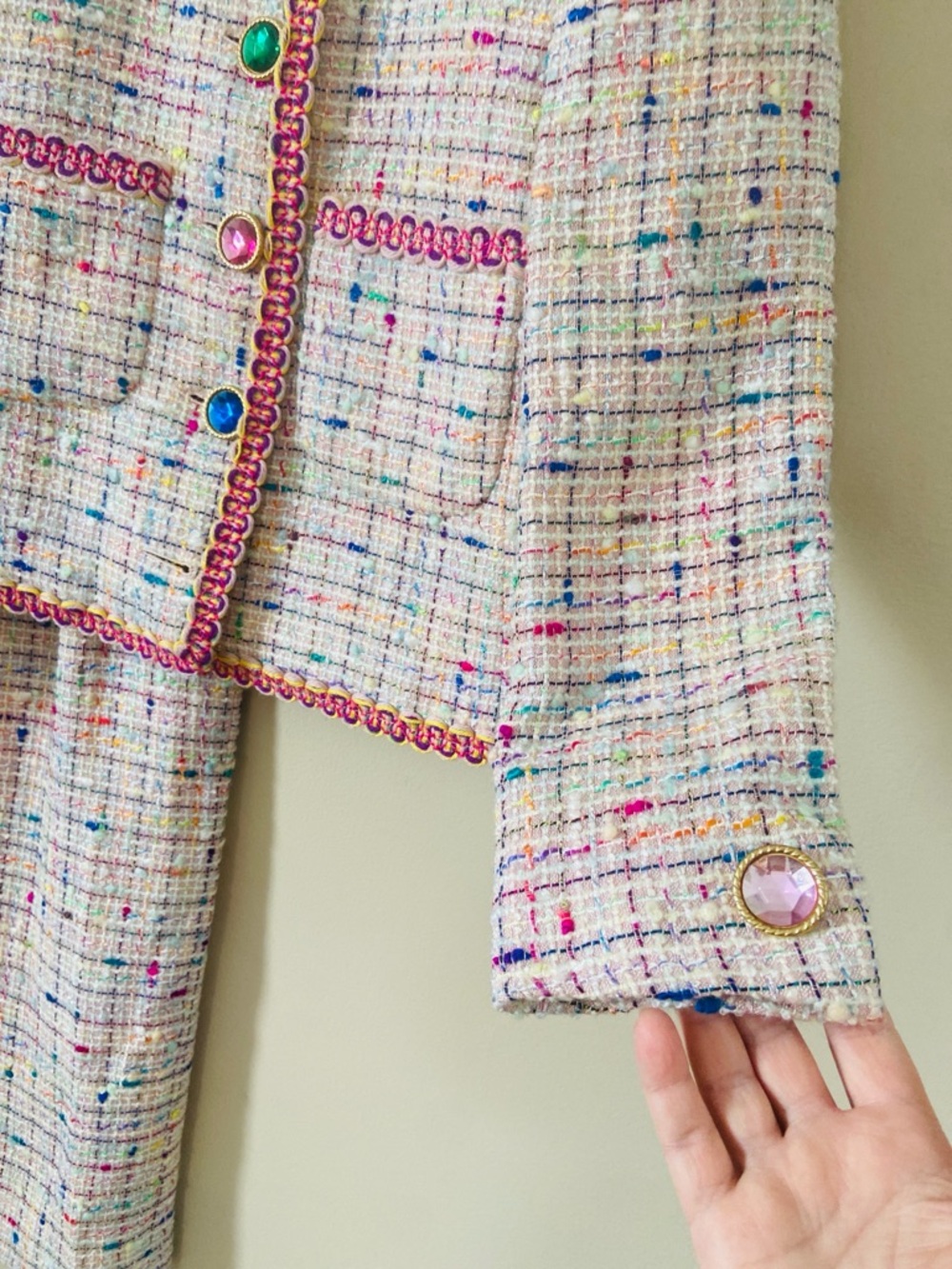 Vintage Union Made Tweed Skirt Suit Set Jeweled Button Pastel Boucle Size 4 - Picture 3 of 12